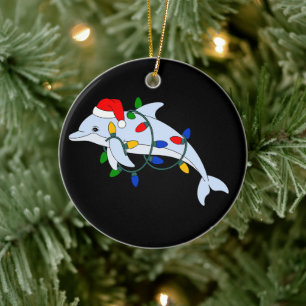 Christmas Dolphin Santa Hat Xmas Lights Ocean Ceramic Ornament