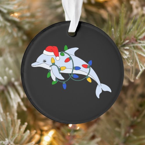 Christmas Dolphin Santa Hat Xmas Lights Ocean Ornament