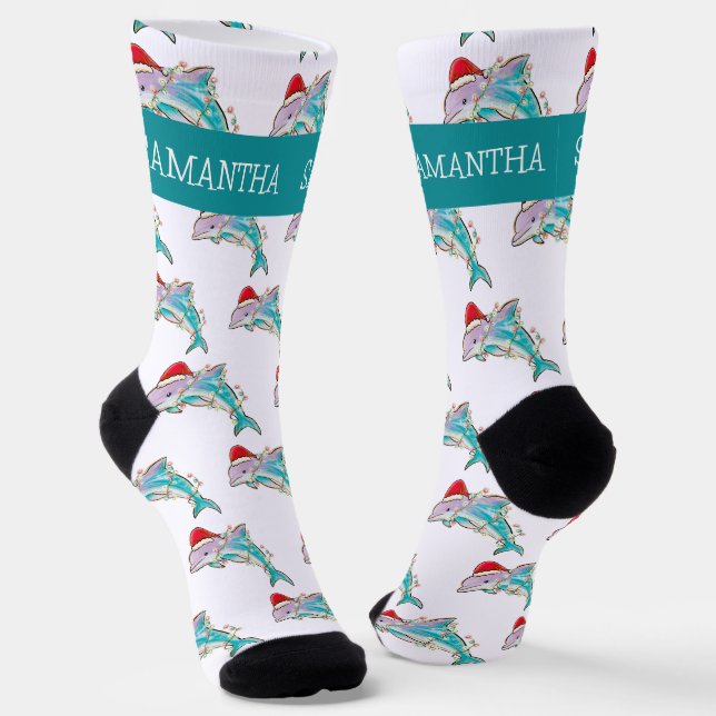 Christmas Dolphin Sea Ocean Personalized name  Socks (Angled)