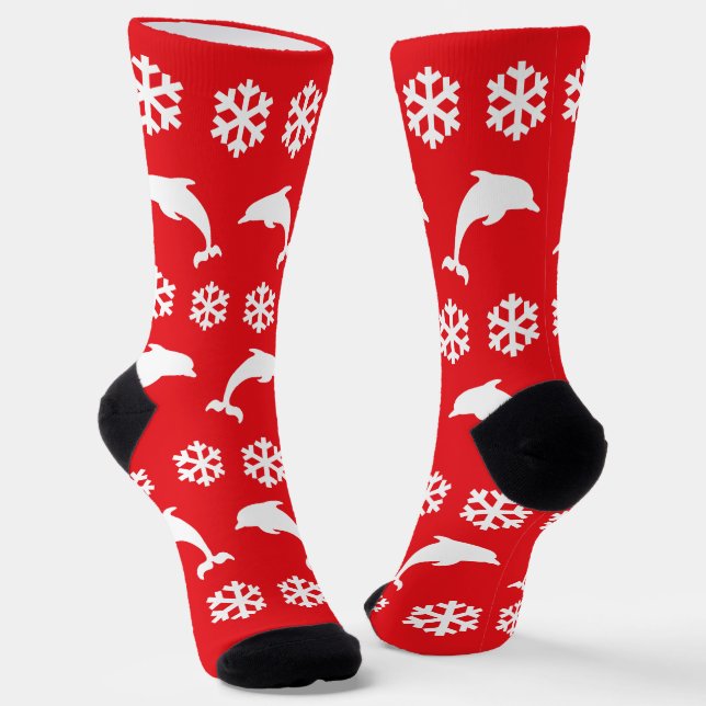 Christmas Dolphins and Snowflakes Red Festive Socks (Angled)
