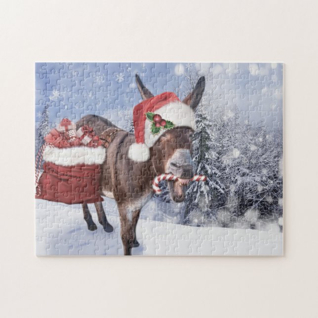 Christmas donkey with funny red hat jigsaw puzzle (Horizontal)