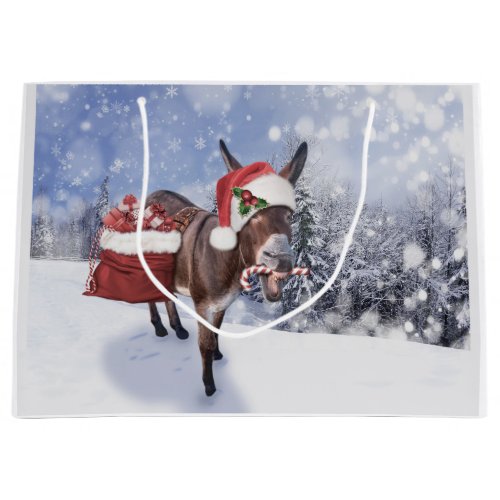 Christmas donkey with funny red hat large gift bag
