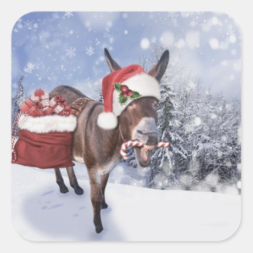 Christmas donkey with funny red hat square sticker