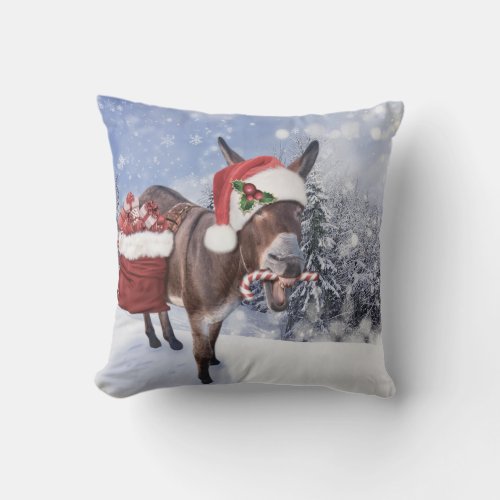 Christmas donkey with funny red hat throw pillow