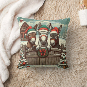 Christmas donkeys peekings throw pillow