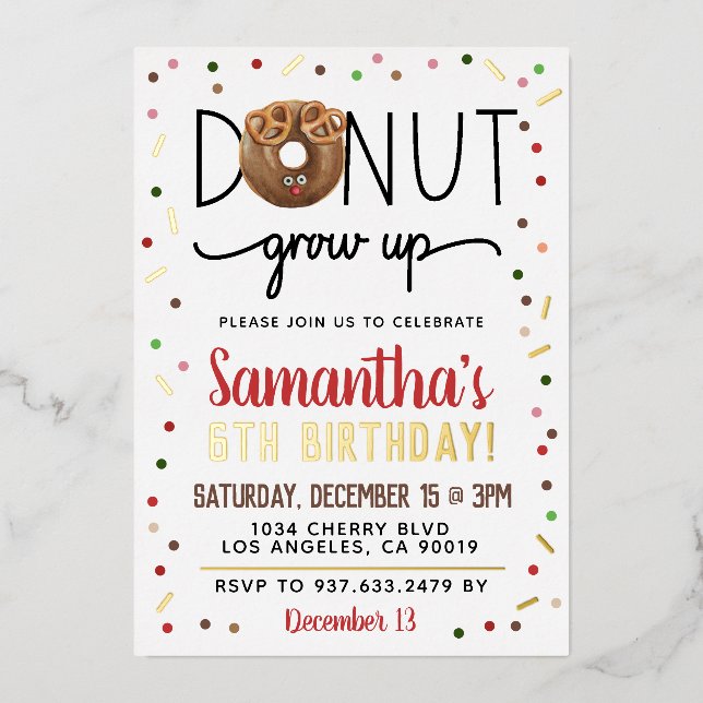 Christmas Donut Grow Up Birthday Foil Invitation (Front)