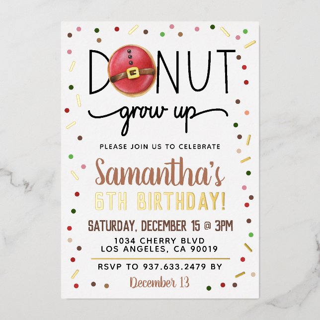 Christmas Donut Grow Up Birthday Foil Invitation (Front)