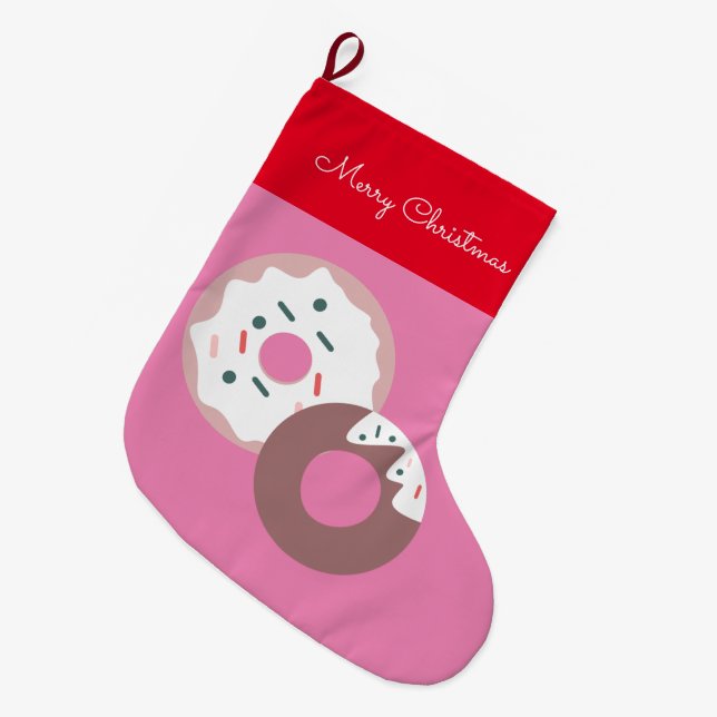 Christmas Donuts Sprinkles Bakery  Merry Christmas Large Christmas Stocking (Front (Hanging))