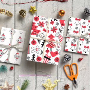 Christmas doodle black and red wrapping paper sheets