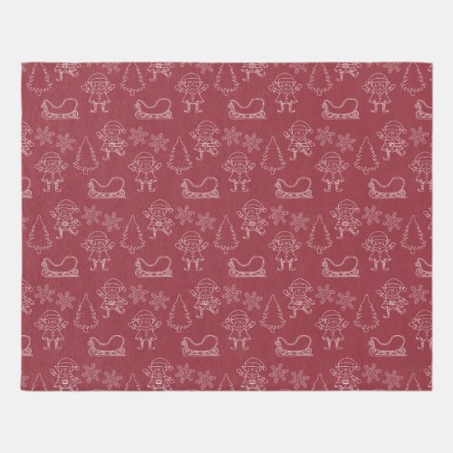 Christmas Doodle Elves  Snowflakes Dark Red Rug