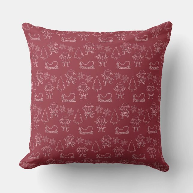 Christmas Doodle Elves & Snowflakes Dark Red Throw Pillow (Front)