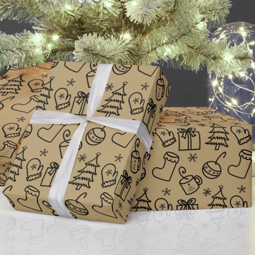 Christmas Doodle Pattern Black and Gold Gift Wrapping Paper