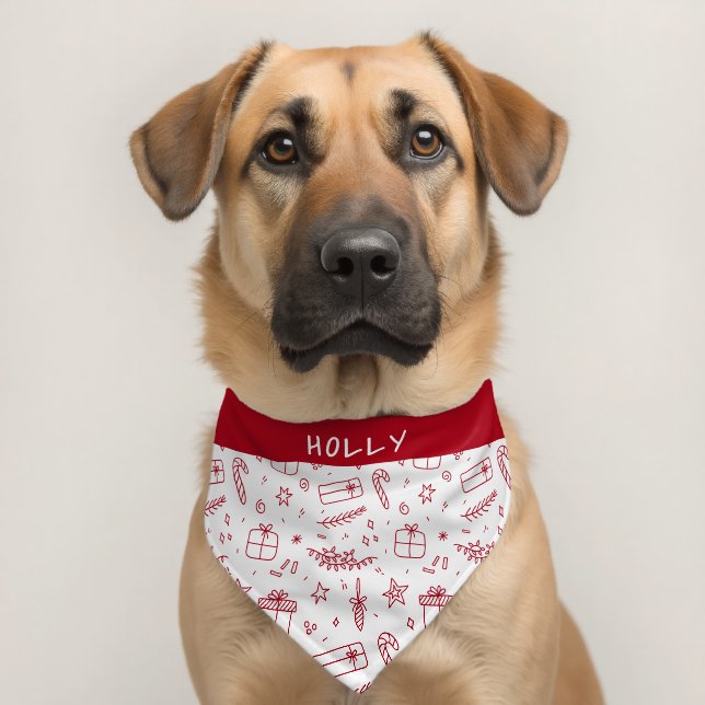 Christmas Doodle Pattern Red Pet Name Cute Bandana Collar (Dog 2)