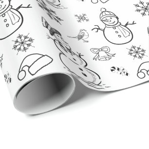 Christmas Doodle Snowman Funny Black and White Wrapping Paper