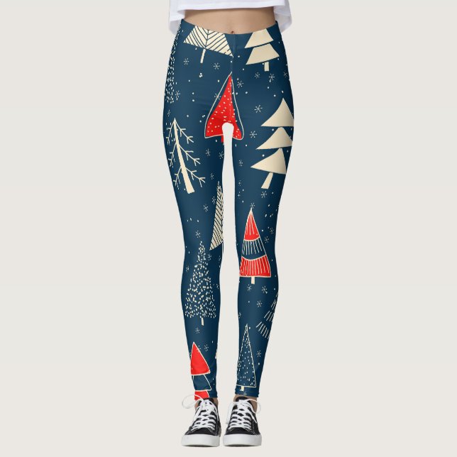 Christmas doodle trees, seamless winter pattern. leggings (Front)