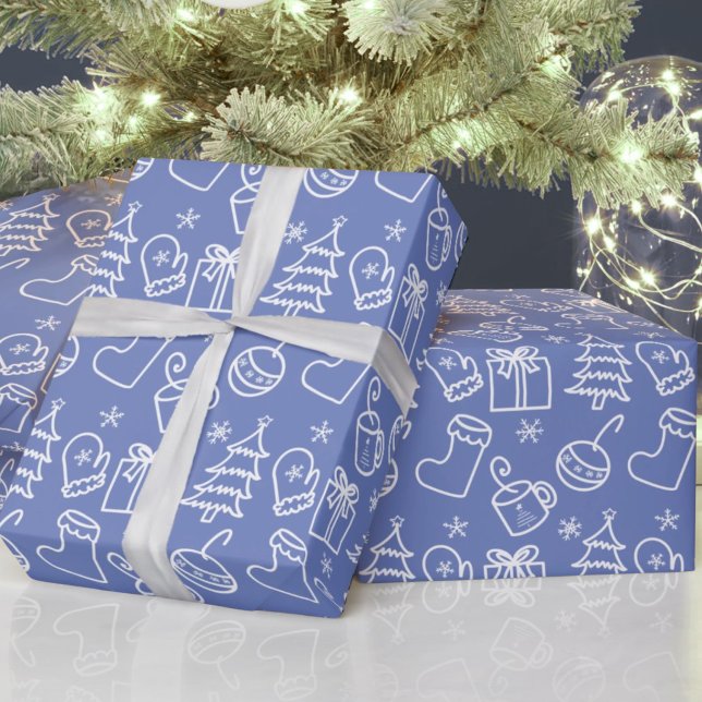 Christmas doodles Greyish Sapphire Blue Purple Wrapping Paper (Creator Uploaded)