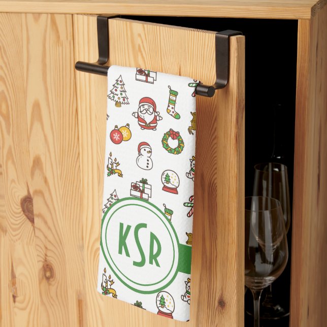 Christmas Doodles Monogram Kitchen Towel (Thirds Fold)