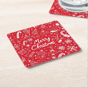 Christmas Doodles Red Merry Christmas Square Paper Coaster