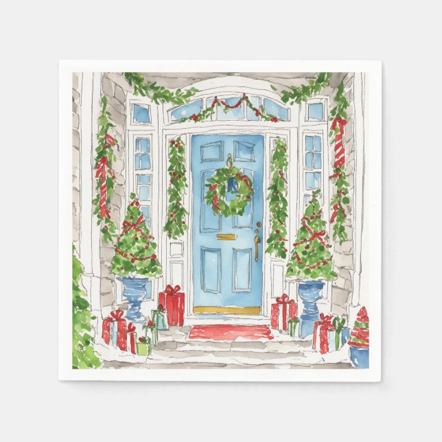 Christmas Door Watercolor Napkins (Front)