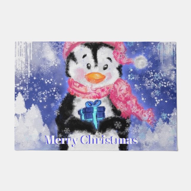 Christmas Doormat Penguin with Gift (Front)