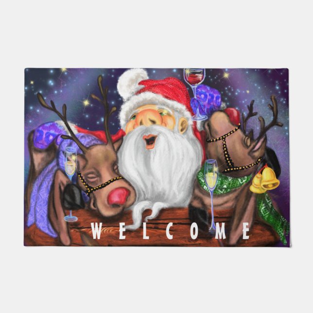 Christmas Doormat Santa and Reindeers Welcome (Front)