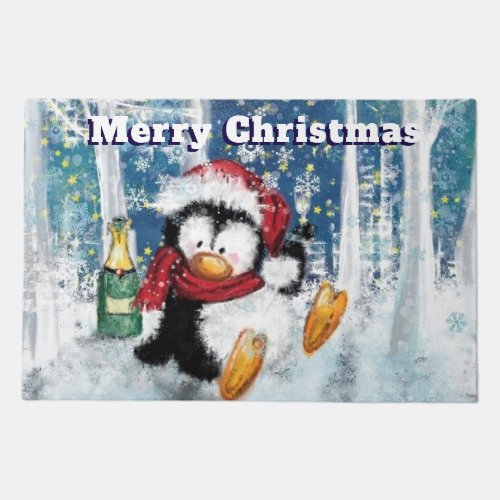 Christmas Doormat with Happy Penguin