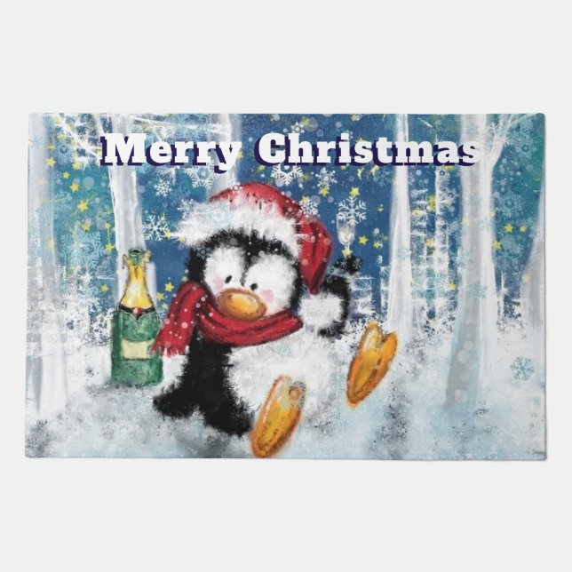 Christmas Doormat with Happy Penguin (Front)