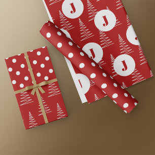 Christmas Dots & Trees Custom Monogram Red Wrapping Paper Sheets