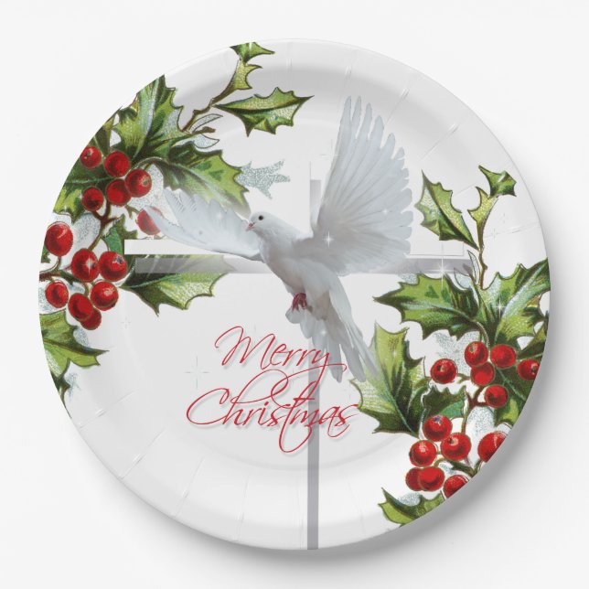 Christmas dove holiday party mistletoe berries paper plates (Front)