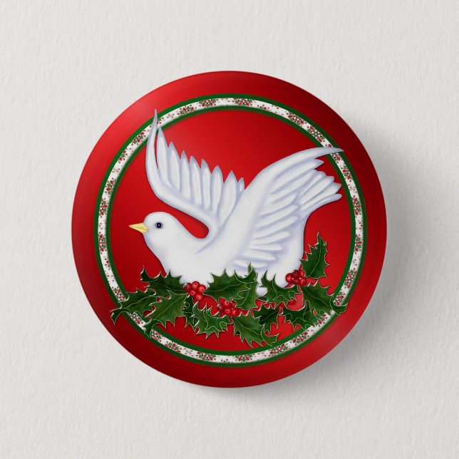 Christmas Dove & Holly Pinback Button (Front)