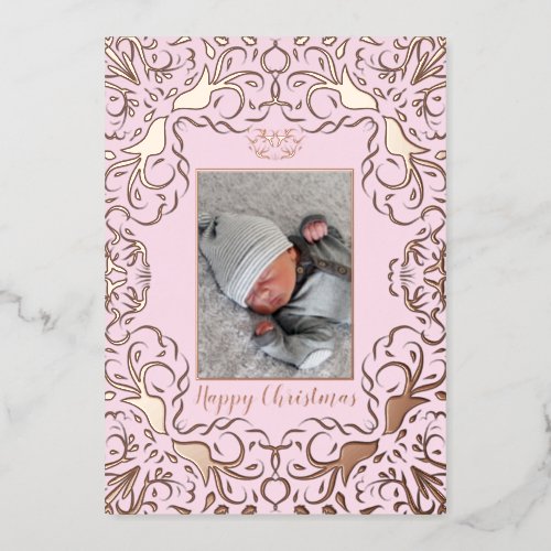 Christmas Dove Photo Pink Foil Holiday Card