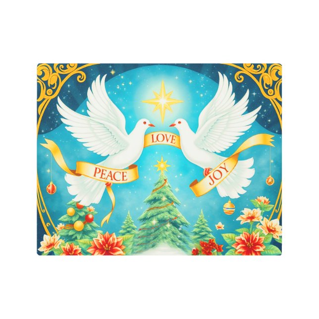 Christmas Doves, Christmas Tree, Love,Peace, Joy Metal Print (Front)