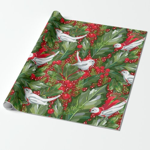 Christmas Doves  Holly on Red Wrapping Paper