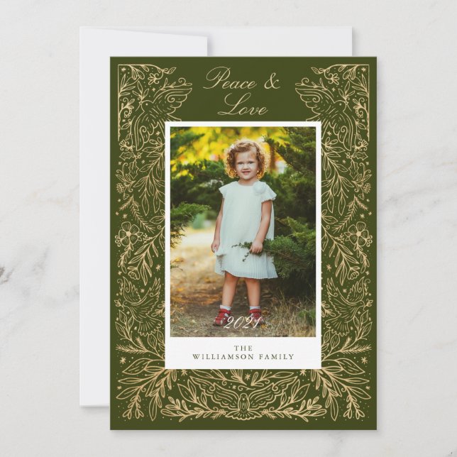 Christmas Doves Of Peace & Love Floral Frame Photo Holiday Card (Front)