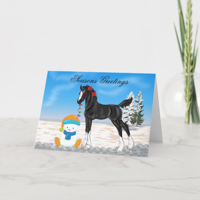 Christmas Draft Foal and Snowman Christmas Holiday Card (Front)
