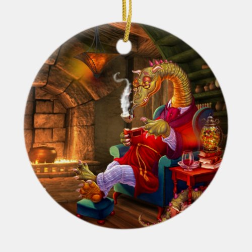 Christmas Dragon by the Fireplace  Ceramic Ornament