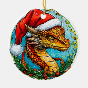 Christmas dragon ceramic ornament