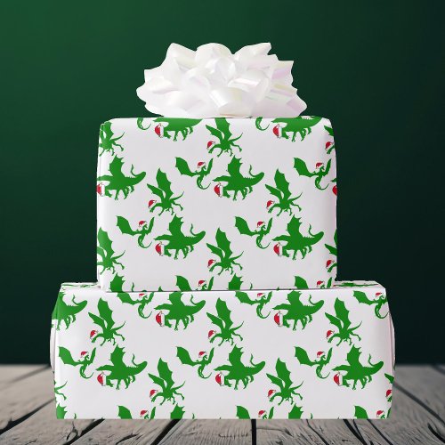 Christmas Dragon in Santa Hats Cool Fantasy Wrapping Paper