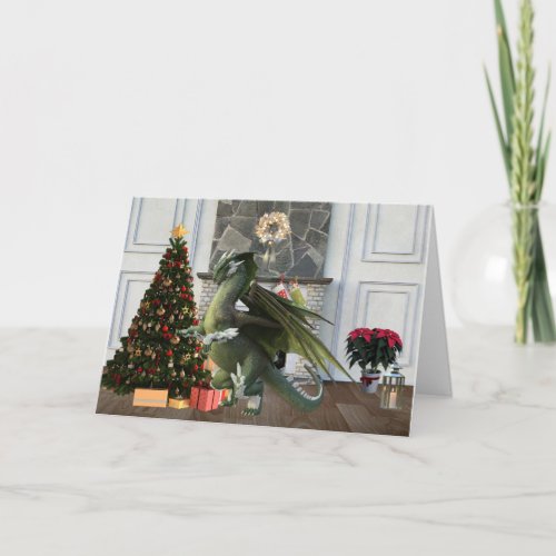 Christmas Dragon Tree Fireplace Scene Card
