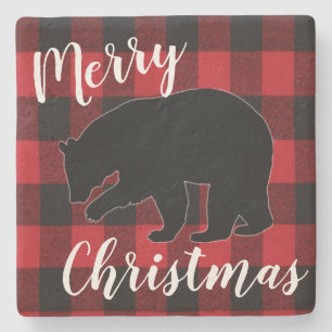 Christmas Drink Coasters Red Plaid Black Bear