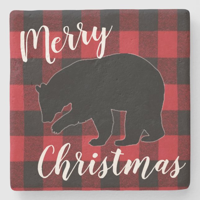 Christmas Drink Coasters Red Plaid Black Bear (Front)