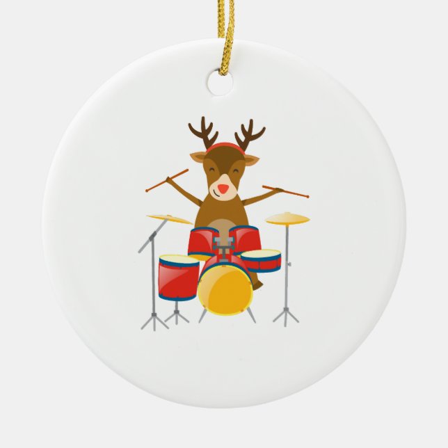 Christmas Drummer Reindeer Drum Set Holidays Ceramic Ornament (Front)