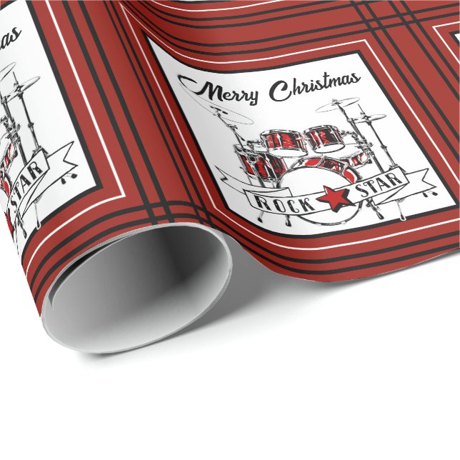 Christmas Drummer Rock Star Drum Kit Musician Wrapping Paper (Roll Corner)