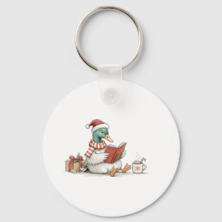Christmas Duck Reading Book for Cozy Holiday Reade Keychain