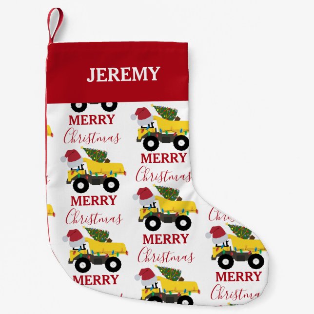 Christmas Dump Truck Construction Trucks Custom Small Christmas Stocking (Front)