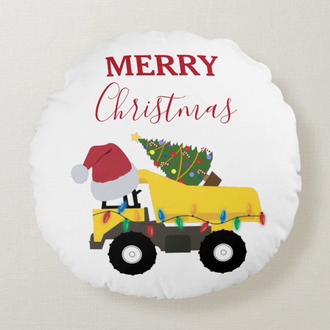 Christmas Dump Truck Construction Trucks Round Pillow (Front)