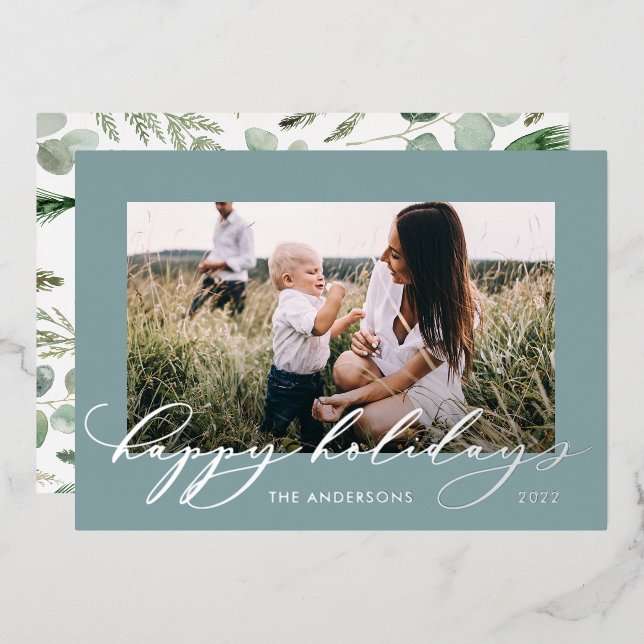 Christmas dusty blue 1 photo botanical script foil holiday card (Front/Back)