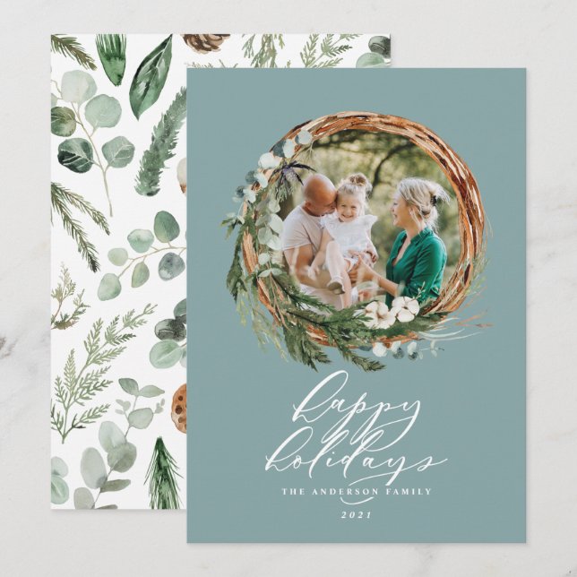 Christmas dusty blue botanical 1 photo elegant  holiday card (Front/Back)
