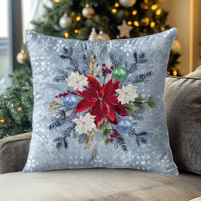 Christmas Dusty Blue Poinsettia Bouquet Throw Pillow (Creator Uploaded)