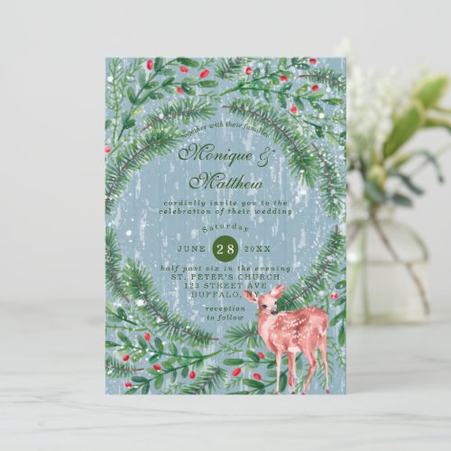 Christmas Dusty Blue Wood Deer Wedding  Invitation